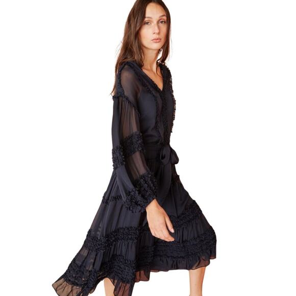 Ulla Johnson Althea Dress Midi Ruffle Long Sleeve Midnight Blue Size 4 - Picture 5 of 9